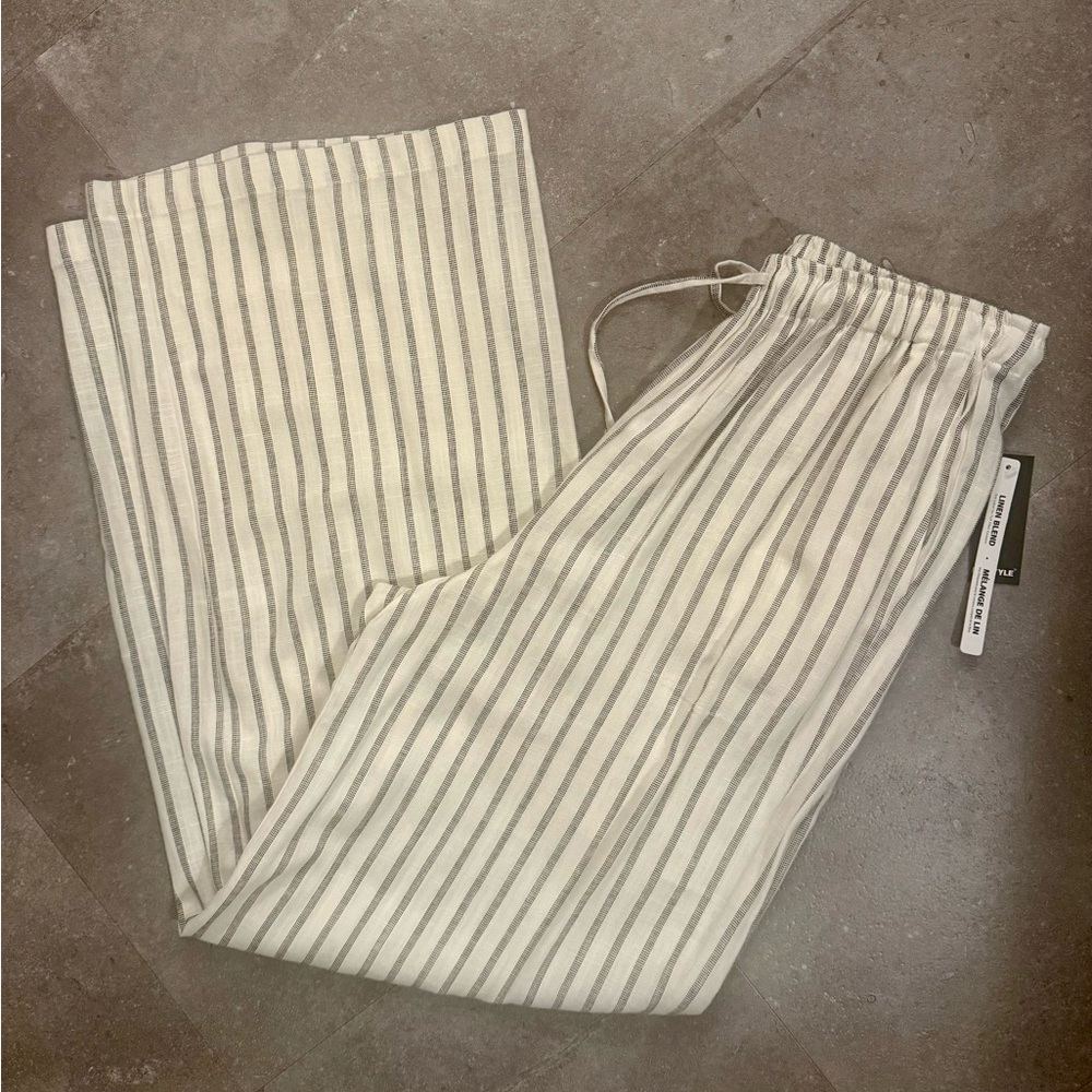 RD Style Women’s Cream and Gray Striped Linen Blend Wide Leg Pants Sz Small